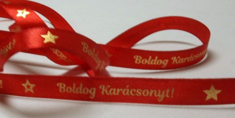 Piros szatén szalag „Boldog Karácsonyt!” felirattal – 12 mm