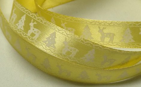Karácsonyi szatén szalag – aranysárga, rénszarvasos és fenyőfás mintával